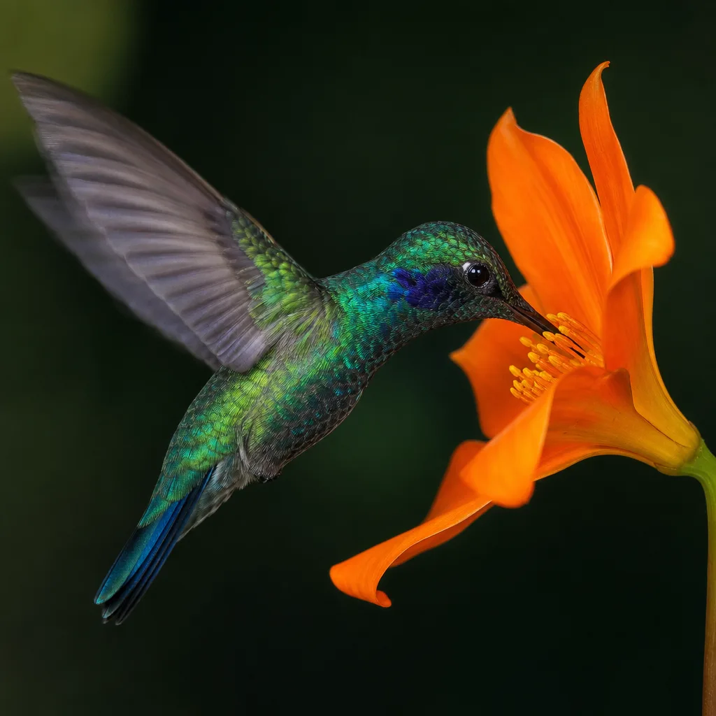 Macro photograph of a hummingbird drinking from a vivid orange flower