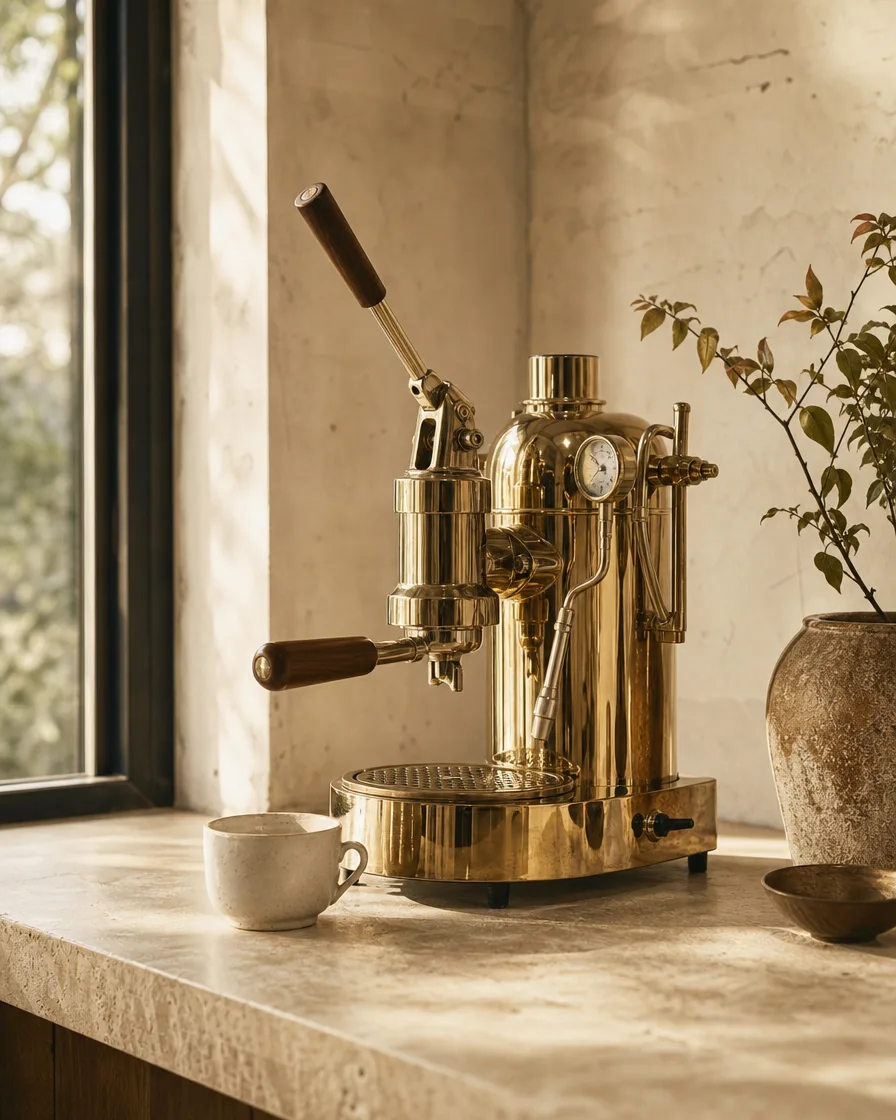 Editorial product photograph of a polished brass espresso machine on a travertine counter, morning window light