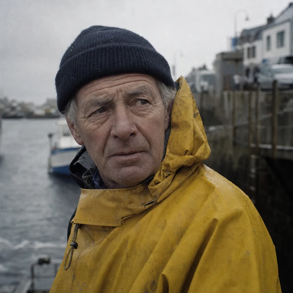 Portrait of an elderly fisherman in a yellow oilskin on a grey Brittany harbour, film grain