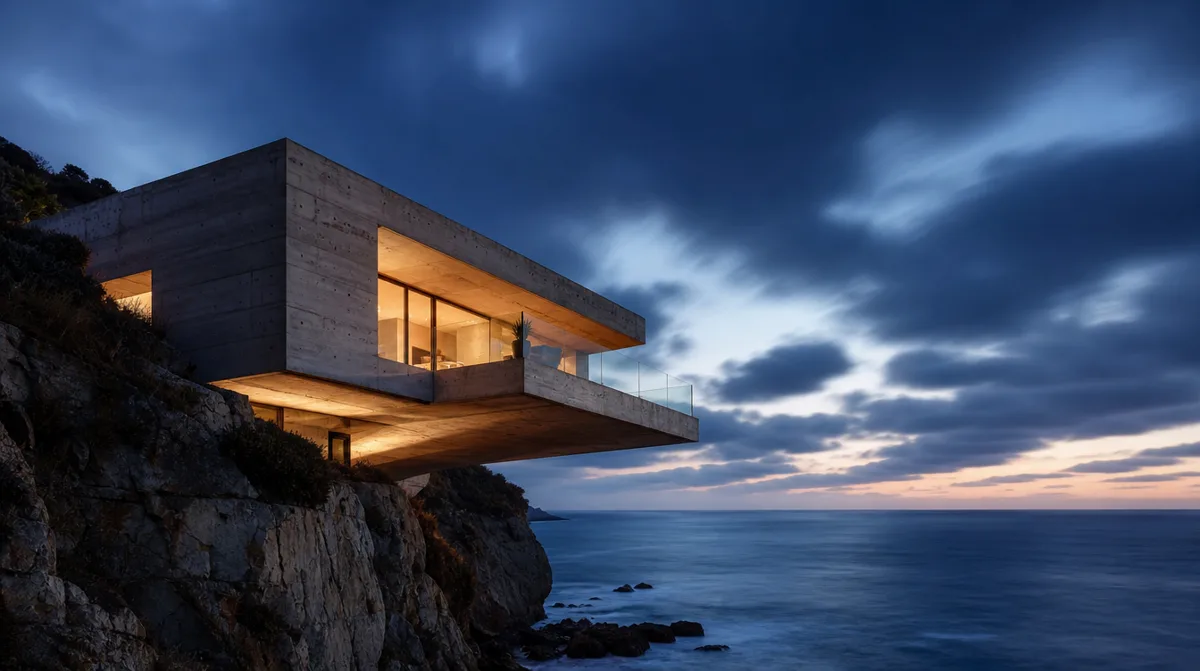 Brutalist concrete house cantilevered over a sea cliff at blue hour, long exposure